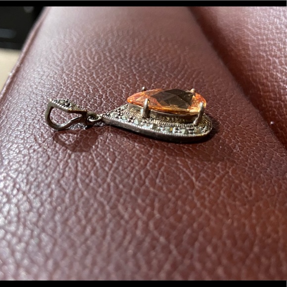 Vintage 925 Sterling Silver Marcasite Peach Gemstone Pendent 1 3/8” - Picture 2 of 5